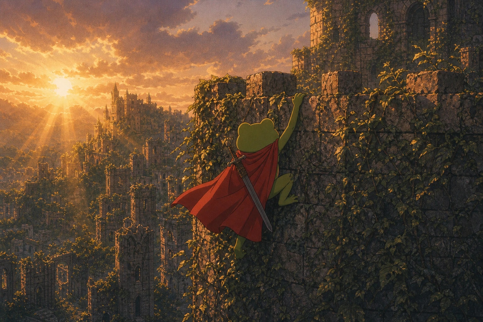 Huzzah climbing ivy on a ruined castle wall at dusk