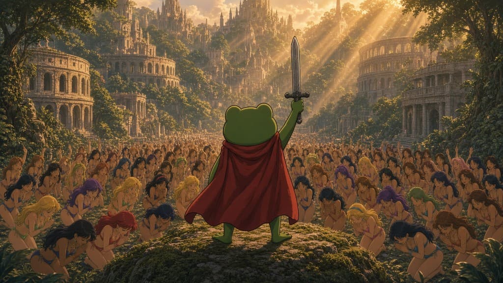 Huzzah the Frog Knight on a mossy rock above a kneeling 90s anime court, ruined city in the golden light